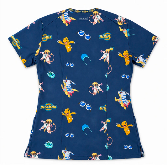 Top clínico mujer antifluido estampado Digimon azul marino