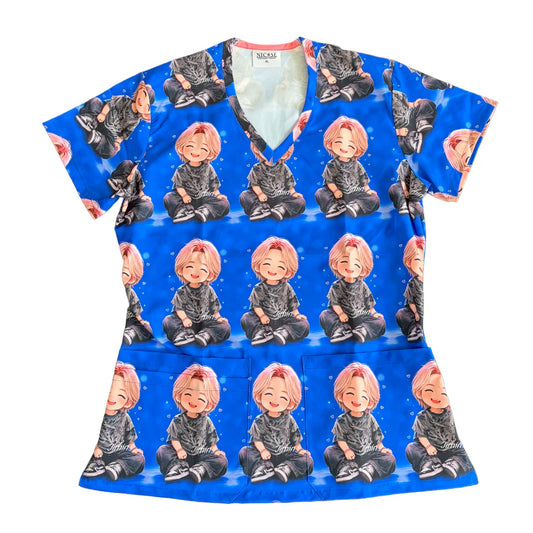 Top clínico mujer antifluido estampado Jimin Kawaii Azul Rey, vista frontal
