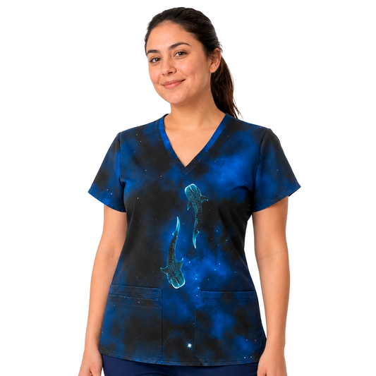 Top clínico mujer galaxia azul con tiburones ballena puesto por modelo, vista frontal