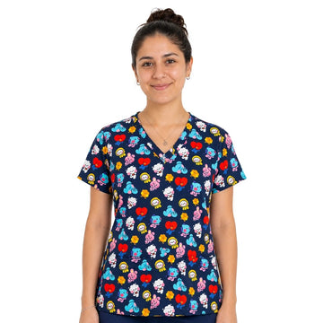 Top clínico de mujer con diseño BT21 Azul Marino Flores, en tela antifluido