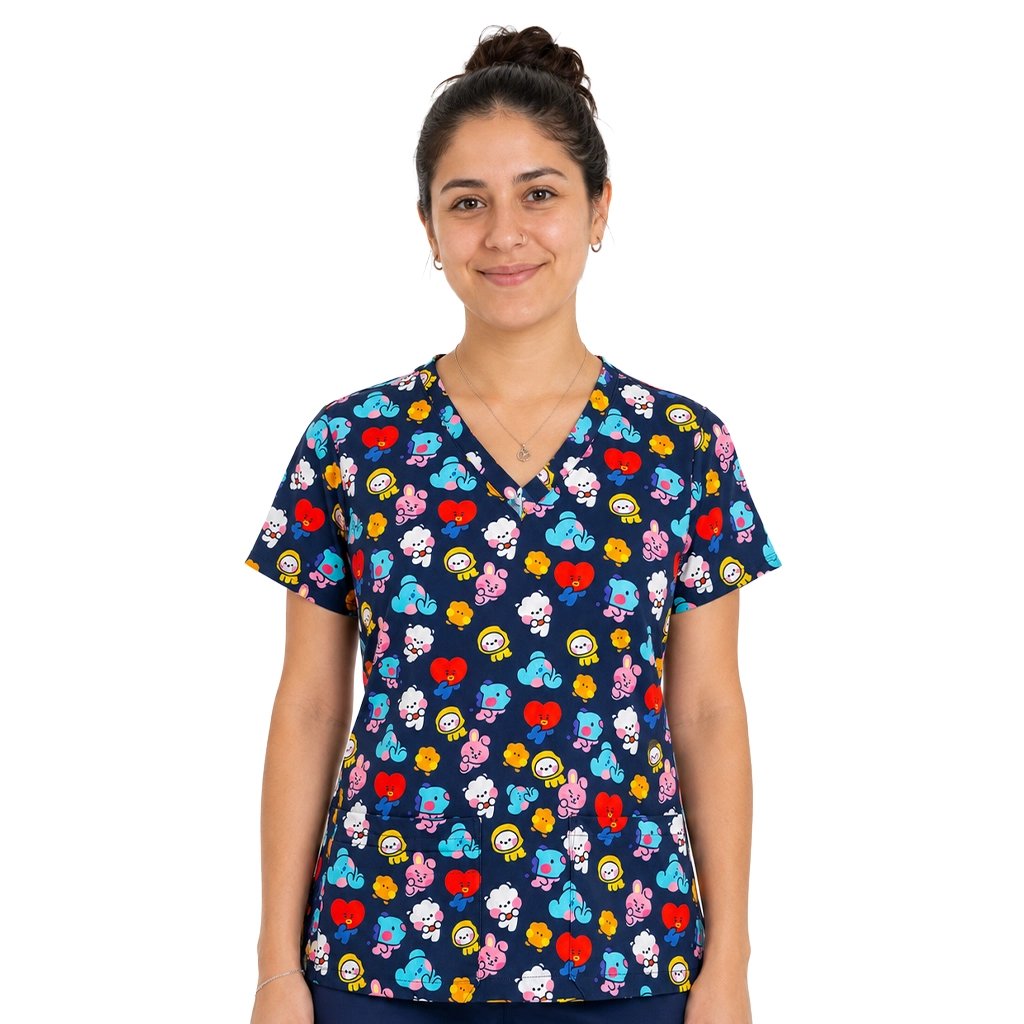 Top clínico de mujer con diseño BT21 Azul Marino Colors - Talla L, en tela antifluido