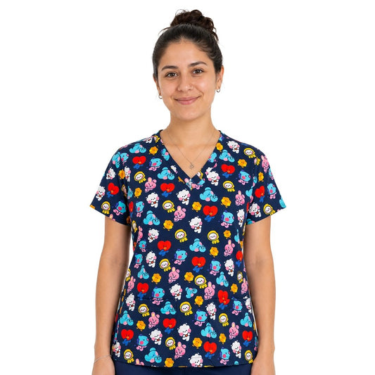 Top clínico de mujer con diseño BT21 Azul Marino Colors - Talla L, en tela antifluido