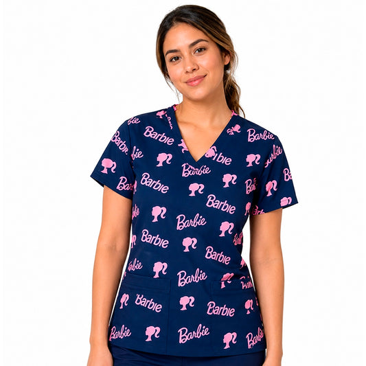 Top clínico de mujer con diseño Barbie Azul Marino, en tela antifluido