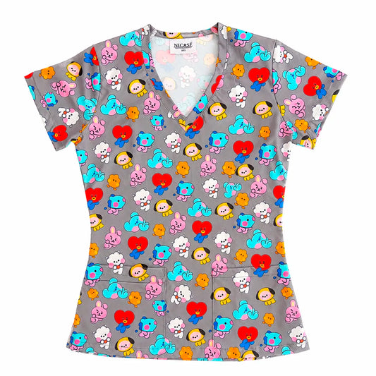 Top clínico de mujer con diseño BT21 Minis Gris, en tela antifluido