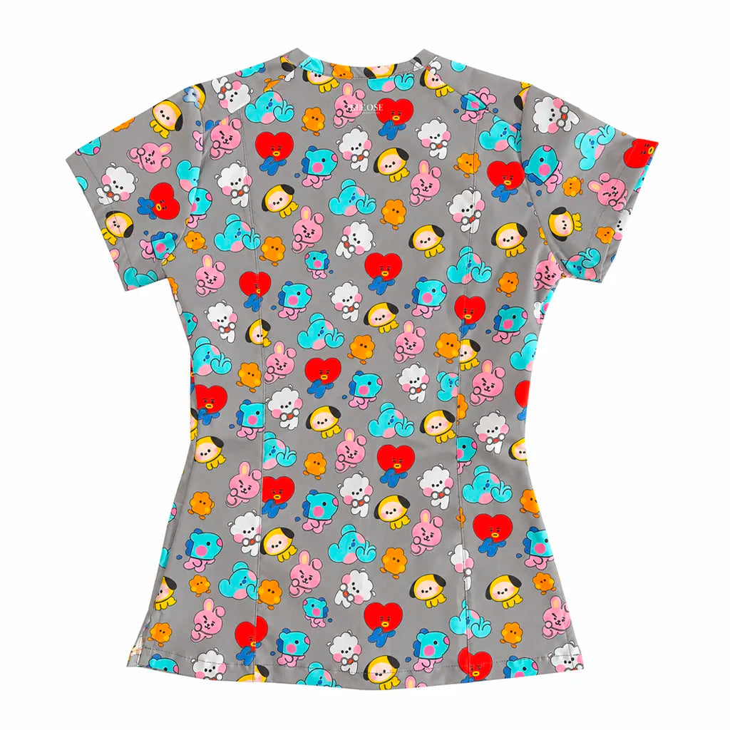 Top clínico de mujer con diseño BT21 Minis Gris, vista 2