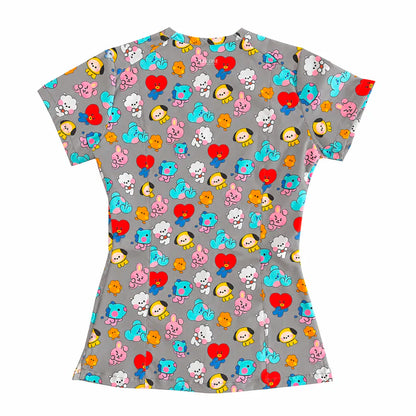 Top clínico de mujer con diseño BT21 Minis Gris, vista 2
