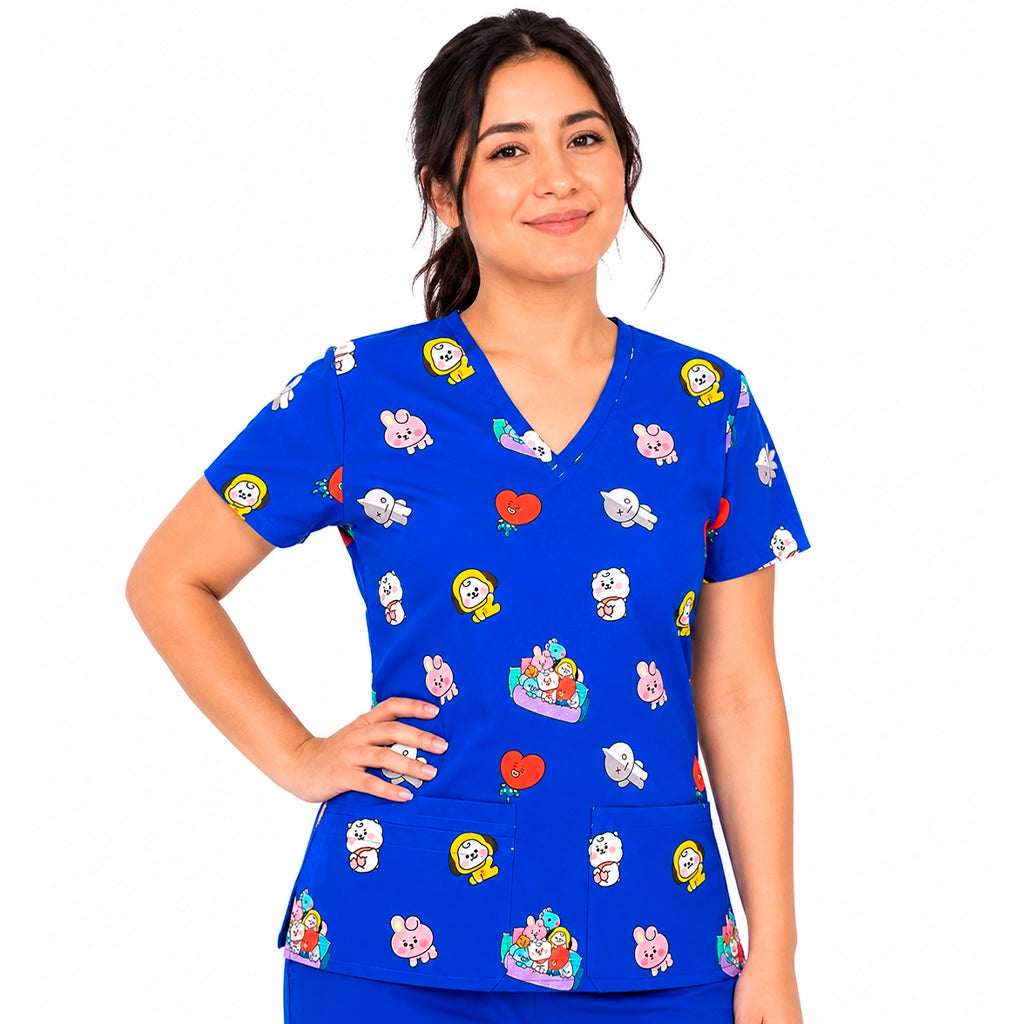Top clínico de mujer con diseño BT21 Friends Azul Rey, en tela antifluido