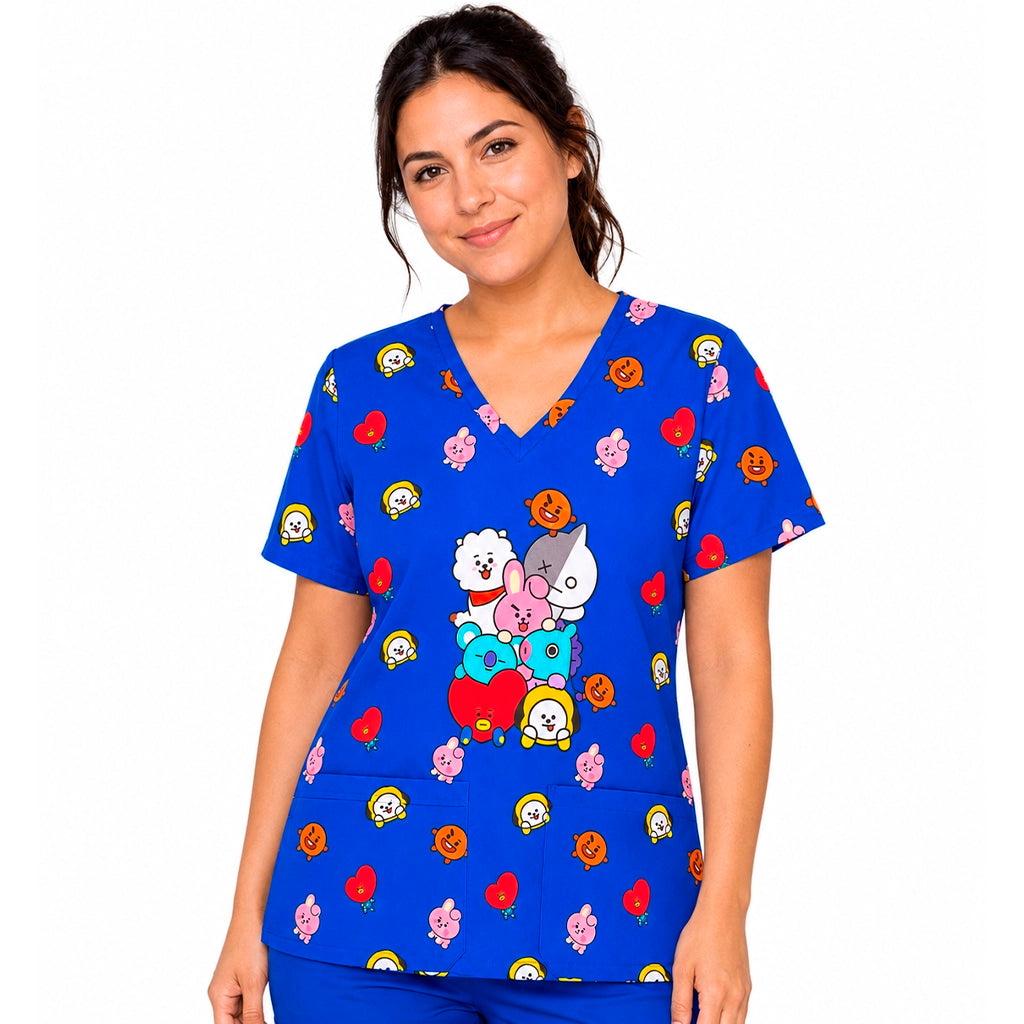 Top clínico de mujer con diseño BTS Azul Rey, en tela antifluido