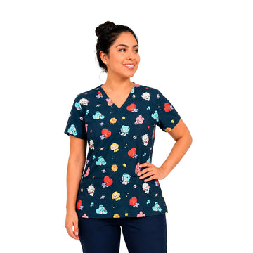 Top clínico de mujer con diseño BT21 Azul Marino, en tela antifluido
