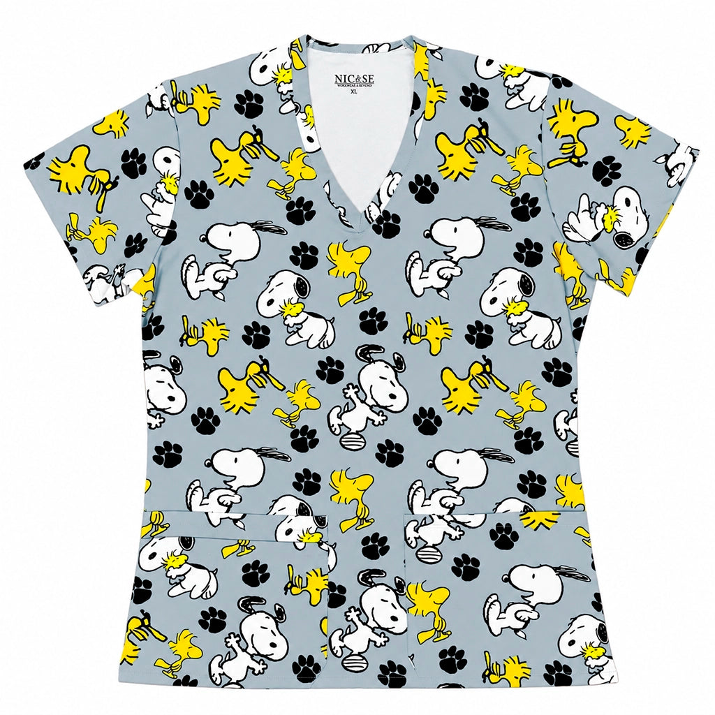 Top clínico de mujer con diseño Snoopy Gris, vista 3