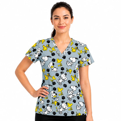 Top clínico de mujer con diseño Snoopy Gris, en tela antifluido