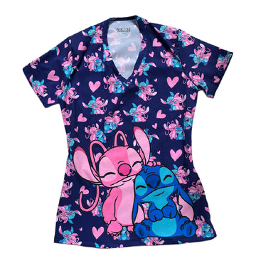 Top clínico de mujer con diseño Stitch y Angel, en tela antifluido