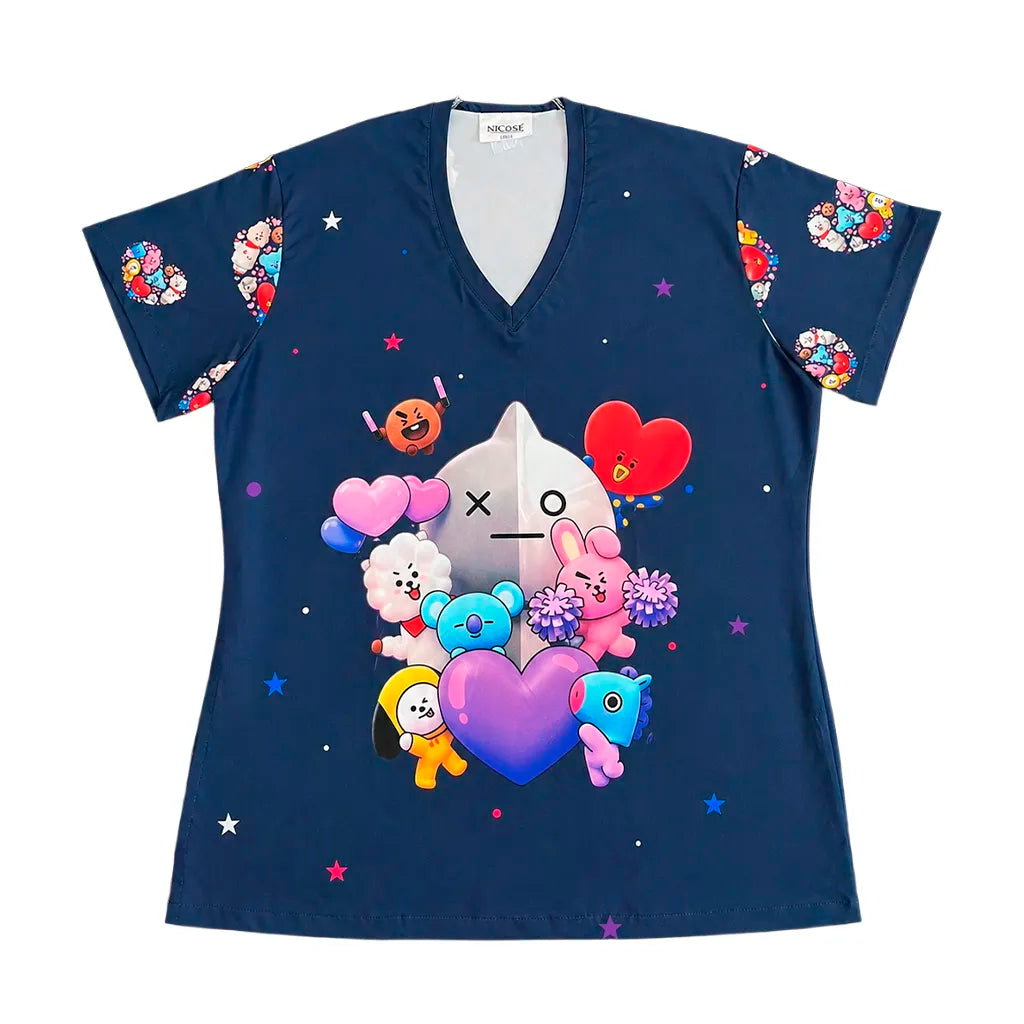 Top Clínico BT21 Universe Heart — Uniforme K-pop ARMY Antifluido