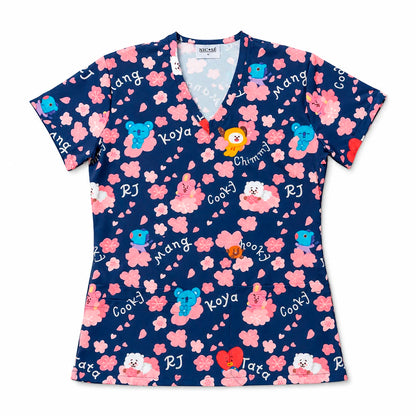 Top clínico mujer antifluido estampado BT21 flores de cerezo azul marino