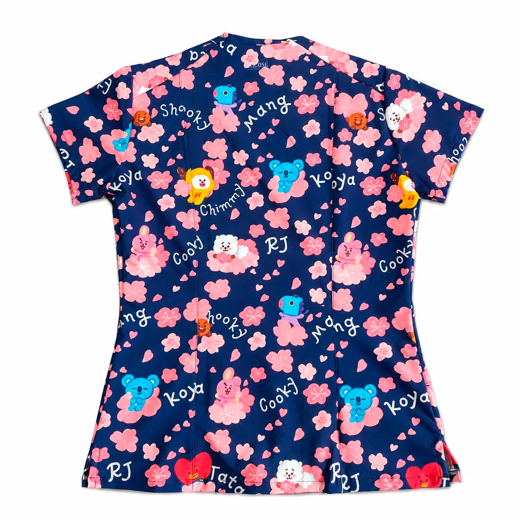 Top clínico mujer antifluido estampado BT21 flores de cerezo azul marino