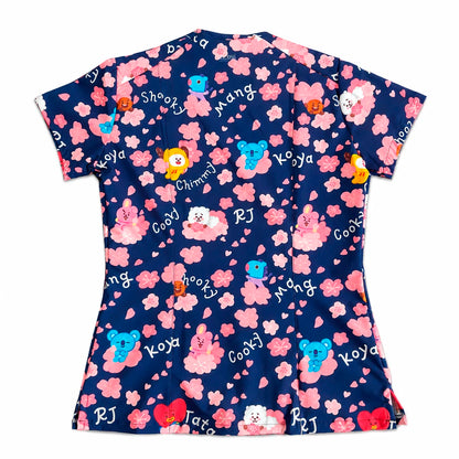 Top clínico mujer antifluido estampado BT21 flores de cerezo azul marino