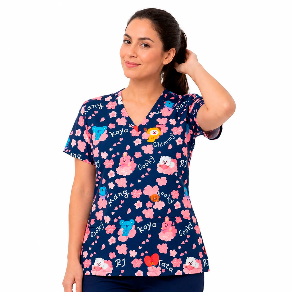 Top clínico mujer antifluido estampado BT21 flores de cerezo azul marino