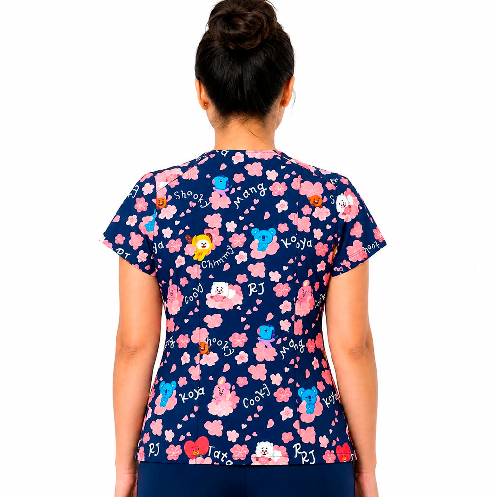 Top clínico mujer antifluido estampado BT21 flores de cerezo azul marino