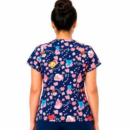 Top clínico mujer antifluido estampado BT21 flores de cerezo azul marino