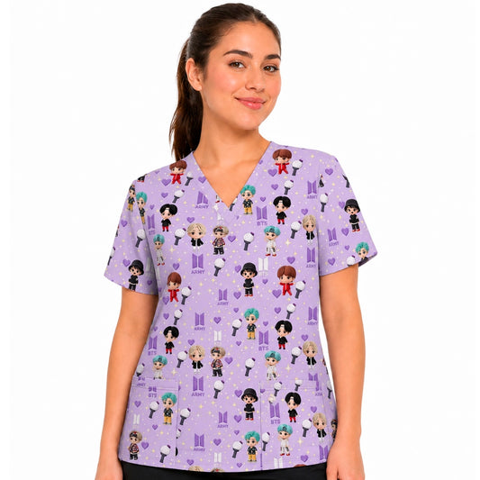 Top clínico de mujer con diseño BTS Tinytan, en tela antifluido