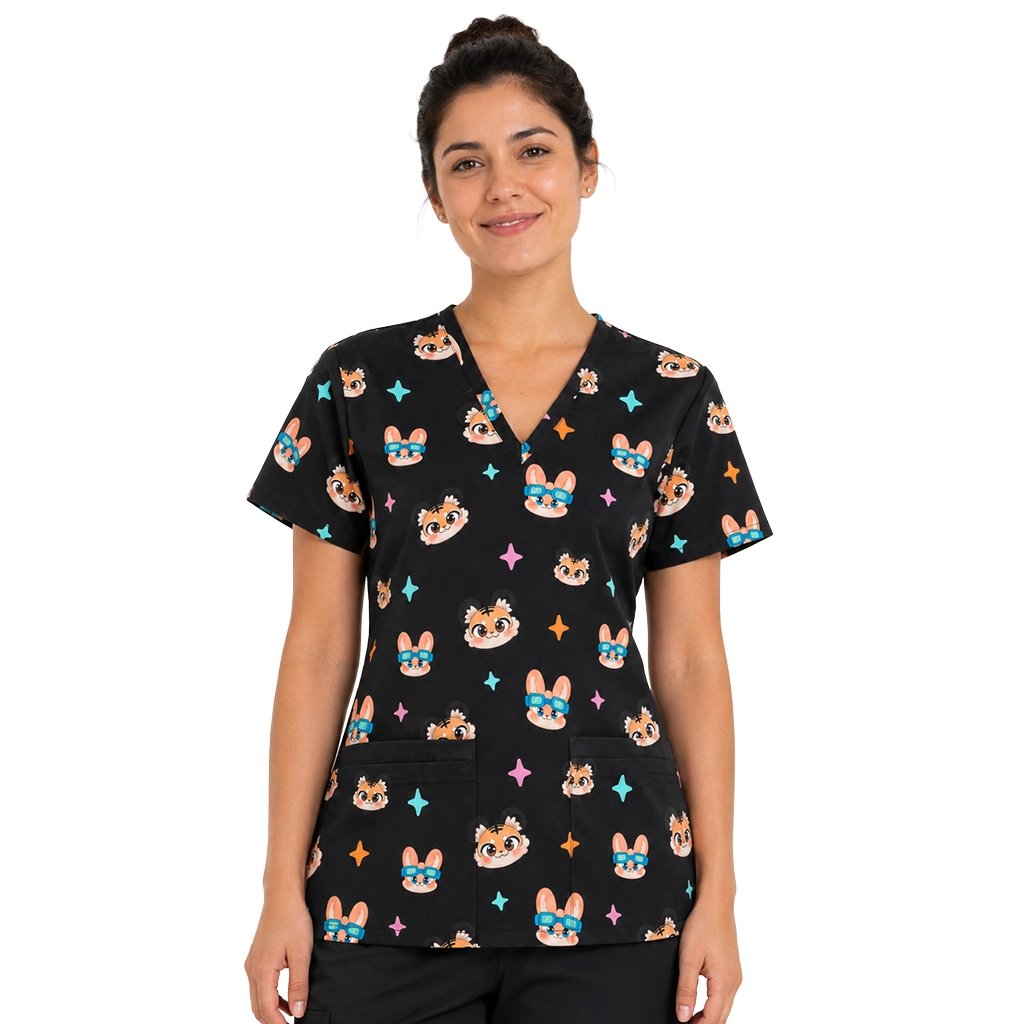 Dibujos animados Negro Top Clínico Mujer (A pedido)