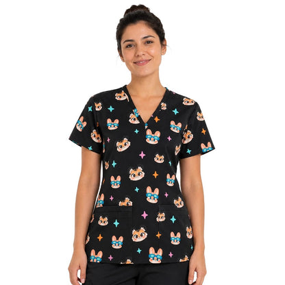 Dibujos animados Negro Top Clínico Mujer (A pedido)