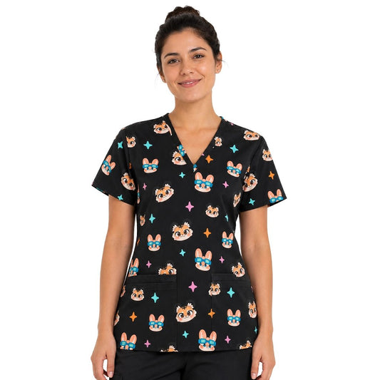 Dibujos animados Negro Top Clínico Mujer (A pedido)