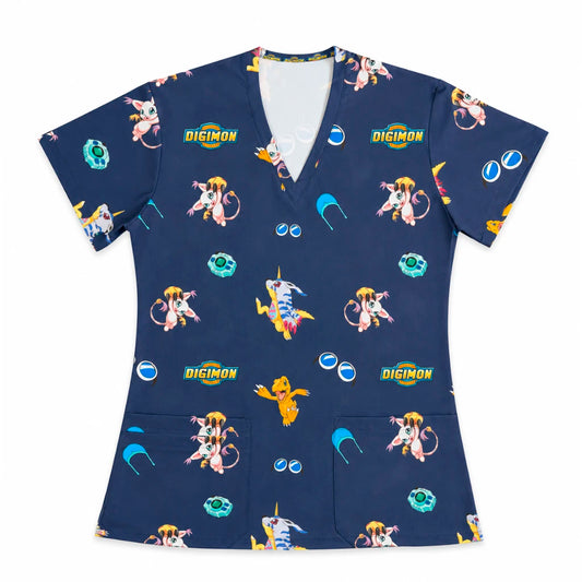 Top clínico mujer antifluido estampado Digimon azul marino