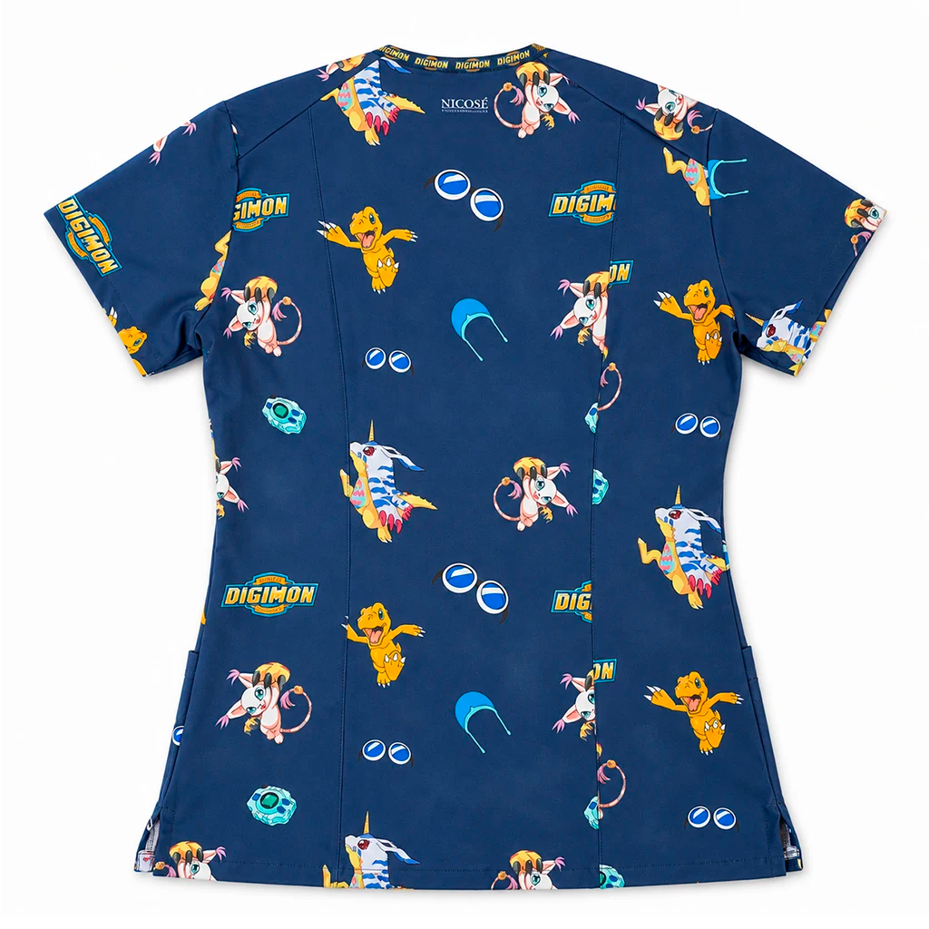 Top clínico mujer antifluido estampado Digimon azul marino