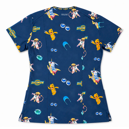 Top clínico mujer antifluido estampado Digimon azul marino