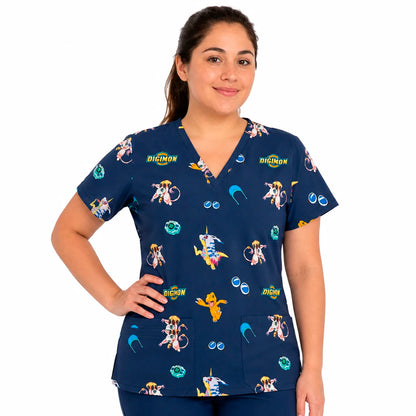 Top clínico mujer antifluido estampado Digimon azul marino