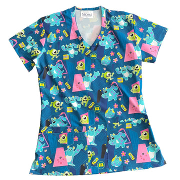 Top clínico de mujer con diseño Monster Inc, en tela antifluido