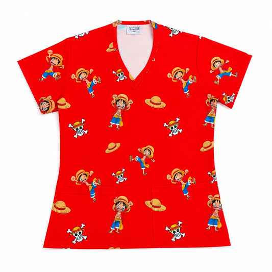 Top clínico mujer antifluido estampado One Piece Luffy rojo