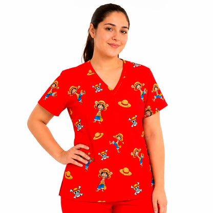 Top clínico mujer antifluido estampado One Piece Luffy rojo