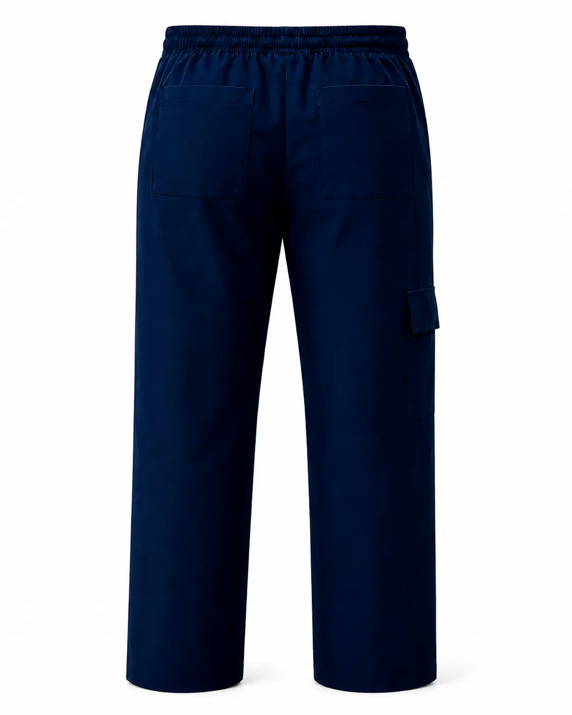 Vista trasera del pantalón clínico antifluido de mujer color azul marino, con los dos bolsillos parche traseros y la cintura elasticada