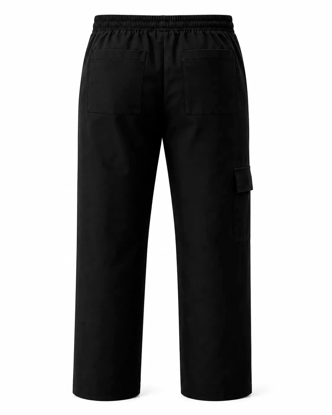 Vista trasera del pantalón clínico antifluido de mujer color negro, con los dos bolsillos parche traseros y la cintura elasticada