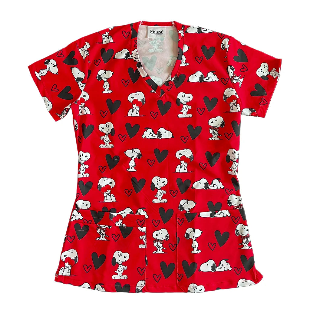 Snoopy Rojo Corazones Top Clínico Mujer (A pedido)