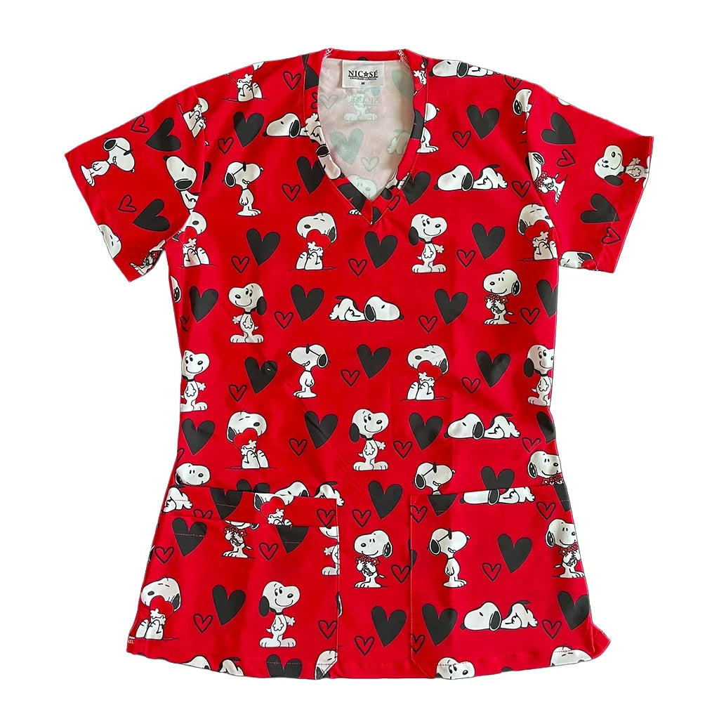 Top clínico de mujer con diseño Snoopy Rojo Corazones - Talla M, en tela antifluido