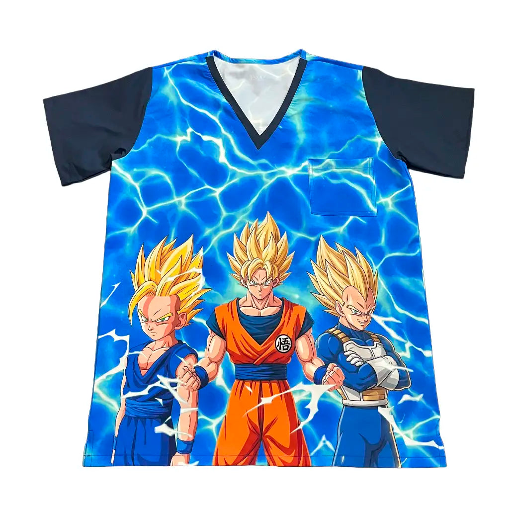 Top clínico hombre Goku Vegeta Super Saiyan frente - Nicosé uniformes clínicos Chile