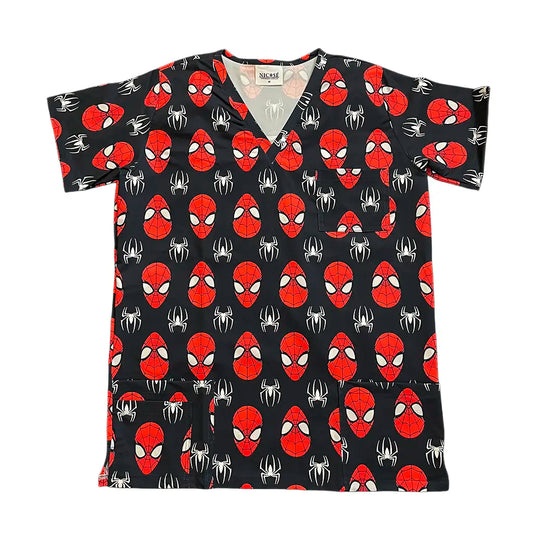 Top clínico hombre Spiderman negro rojo frente - Nicosé uniformes clínicos Chile