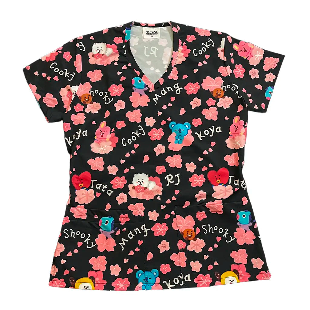 Top clínico de mujer con diseño BT21 Negro Flores - Talla L, vista 3