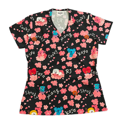 Top clínico de mujer con diseño BT21 Negro Flores - Talla L, vista 3