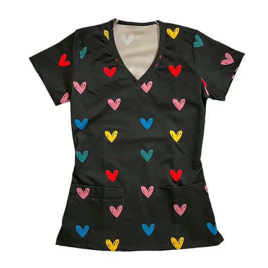 Top clínico mujer corazones colores negro frente - Nicosé uniformes clínicos Chile