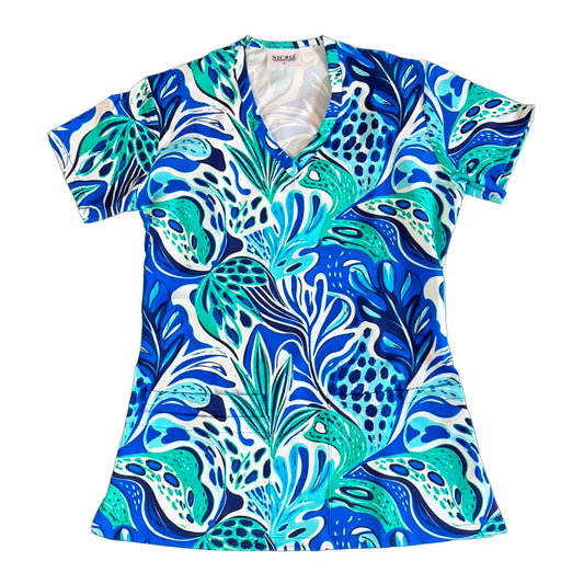 Top clínico de mujer con diseño Bosque Azul - Tallas M y L, en tela antifluido