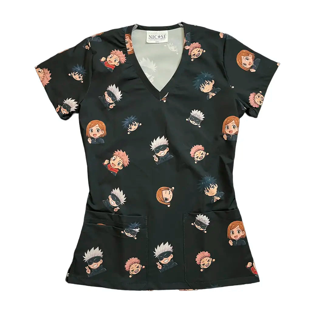 Top clínico mujer Jujutsu Kaisen negro frente - Nicosé uniformes clínicos Chile