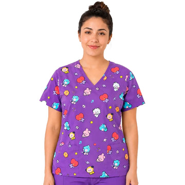 Top clínico de mujer con diseño BT21 Morado, en tela antifluido