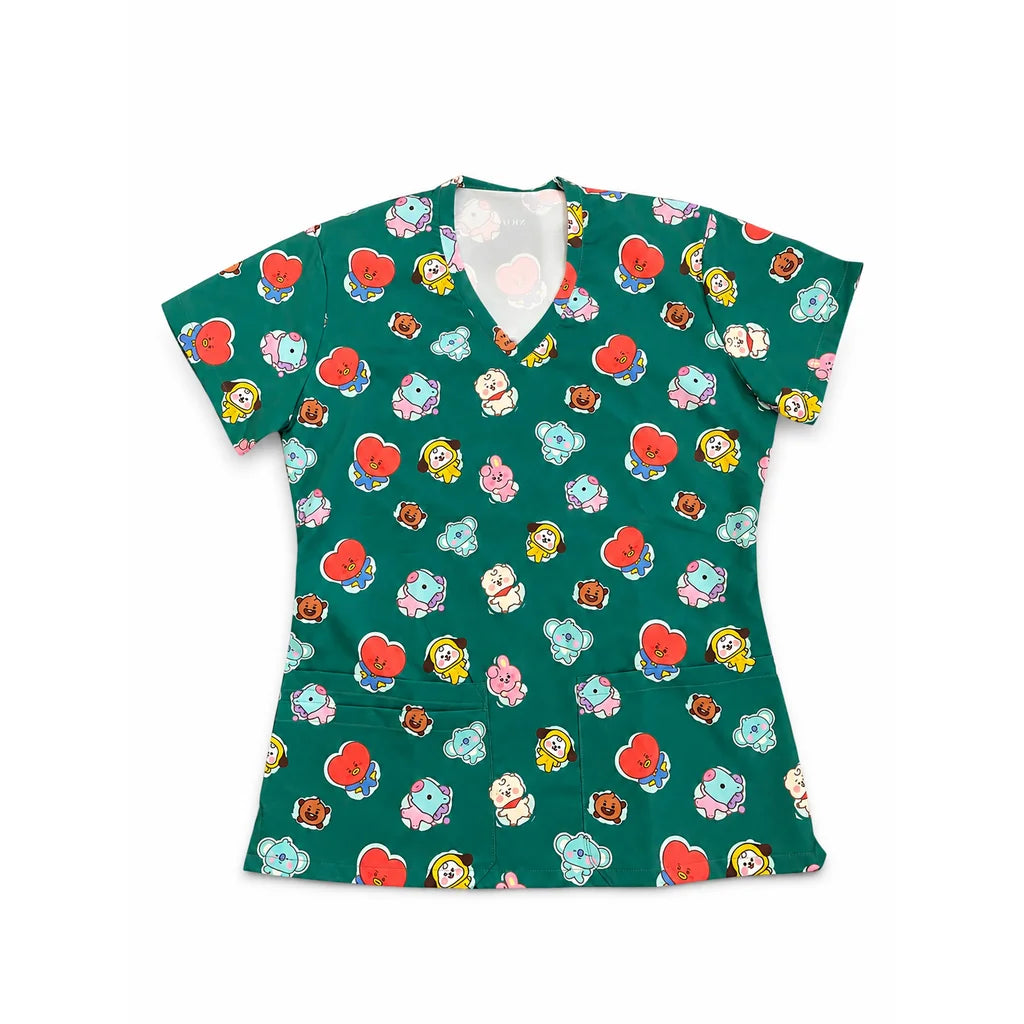 Top clínico de mujer con diseño BT21 Verde, vista 3