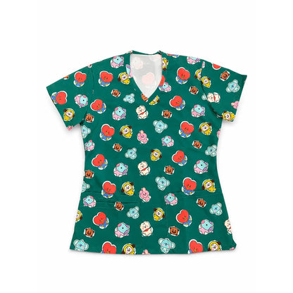 Top clínico de mujer con diseño BT21 Verde, vista 3
