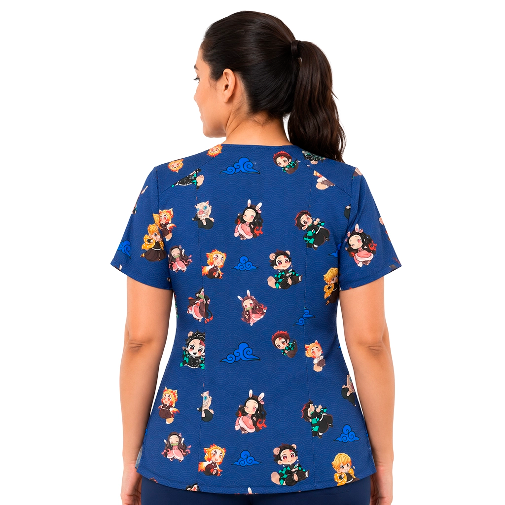 Top clínico de mujer con diseño Demon Slayer Azul Marino, vista 2