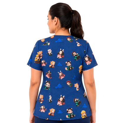 Top clínico de mujer con diseño Demon Slayer Azul Marino, vista 2